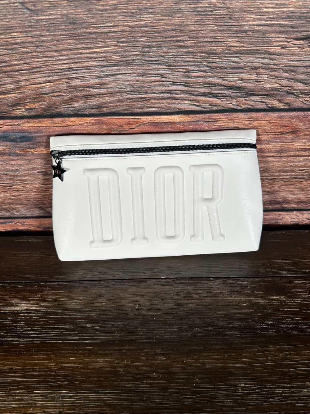 Dior White Embossed DIOR Logo Cosmetic Pouch